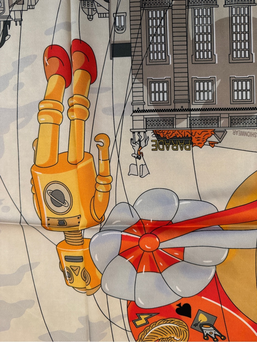 Luxury 90cm Silk Scarf with Yellow, Red & Cream Illustration - Picture 7 of 8